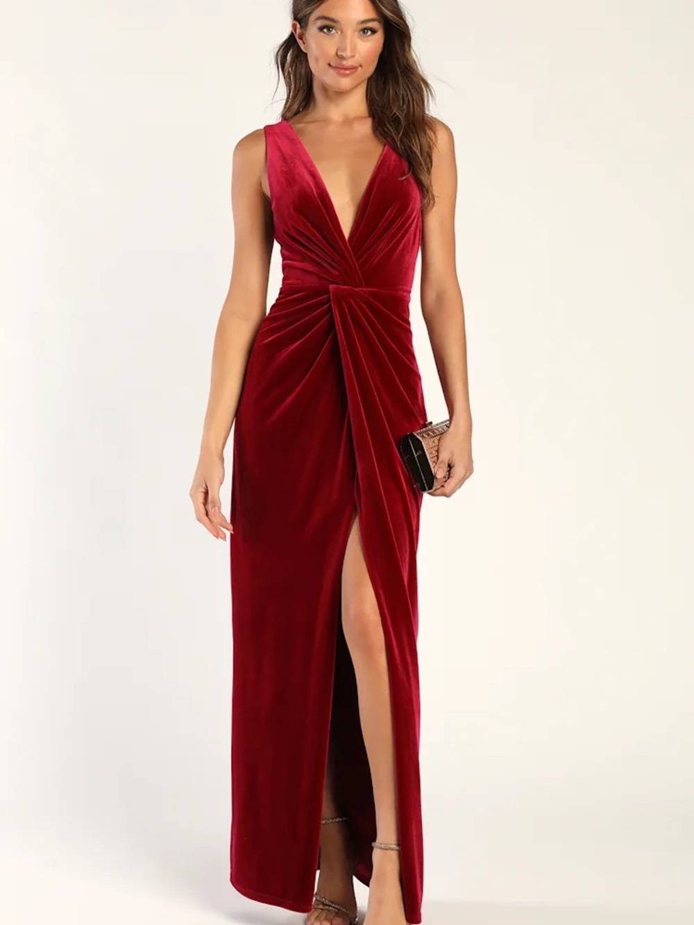 Lulu's Red Velvet Plunge Maxi Dress with Side Slit
